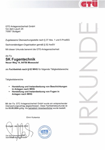 Urkunde Fachbetrieb nach § 62 WHG